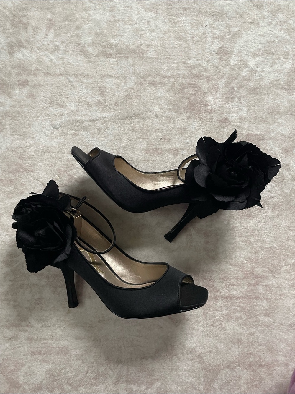 Nina Black Satin Peep-Toe High Heels with floral detail